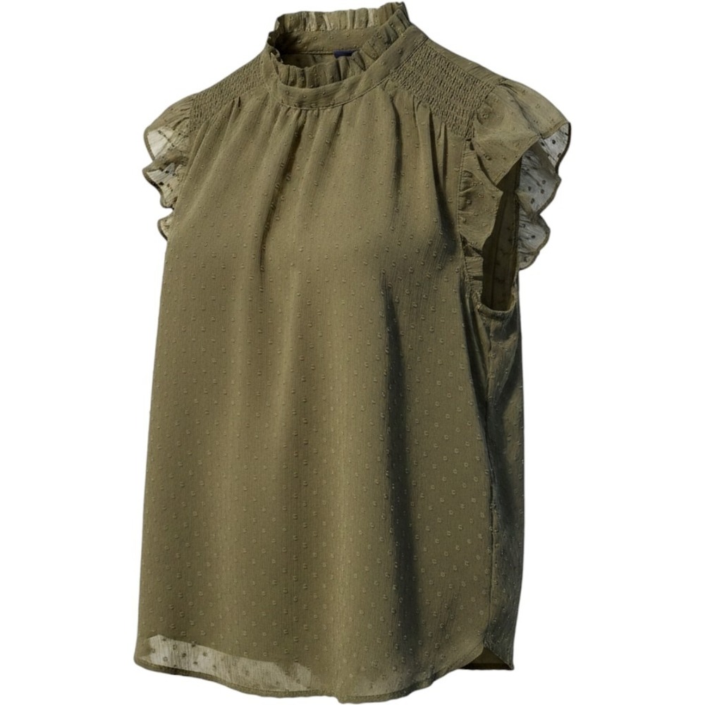 LOFT Clip Dot Ruffle Blouse Womens M Olive Green Smocked